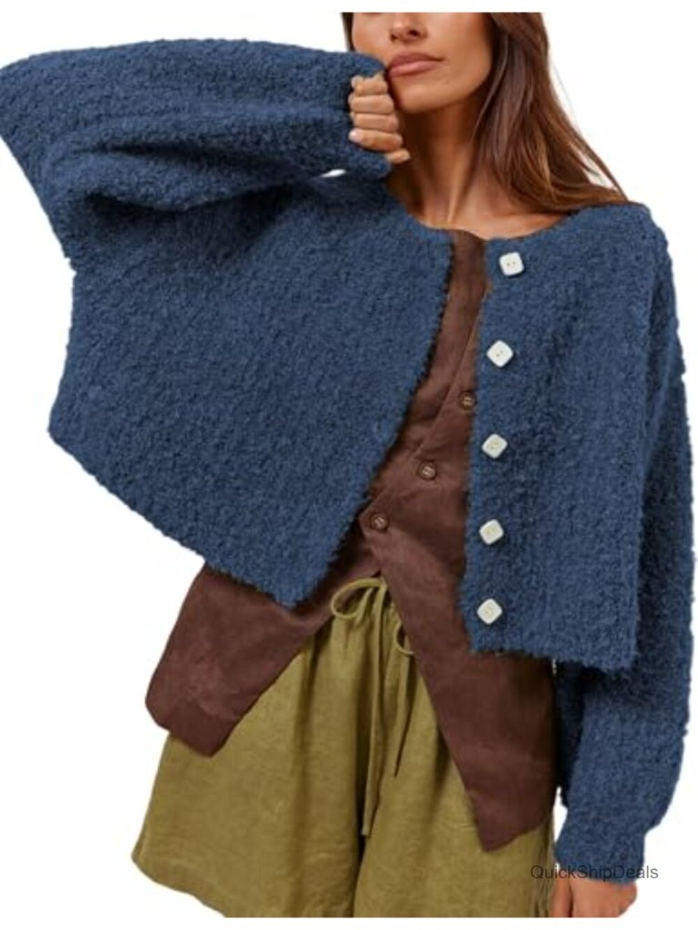Women's Fluffy Knit Button Down Cropped Cardigan Sweater